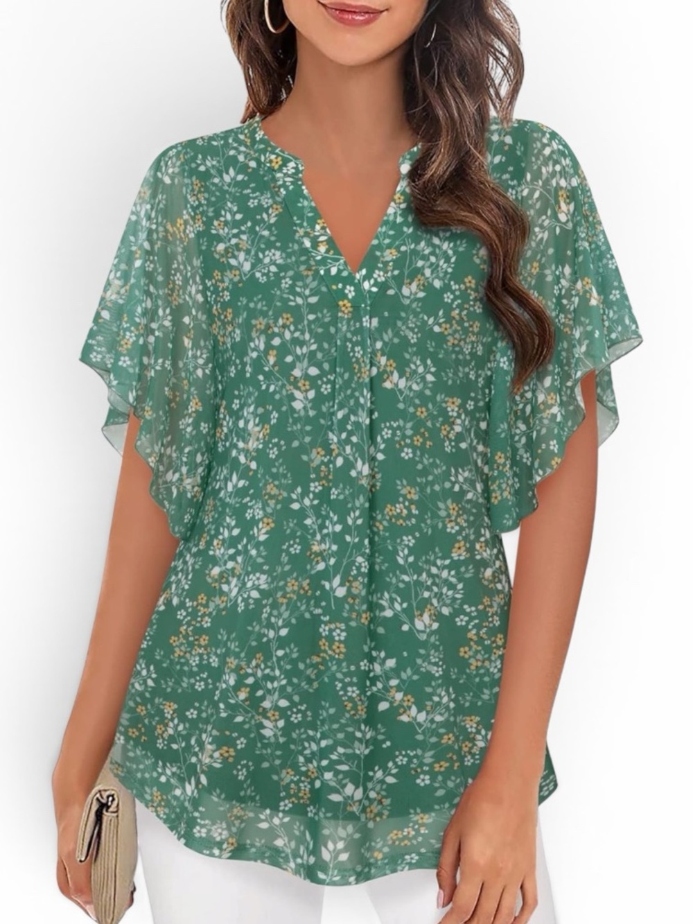 Timeson Women's Mist Green Short Sleeve V Neck Blouse Floral Top - Size XXL